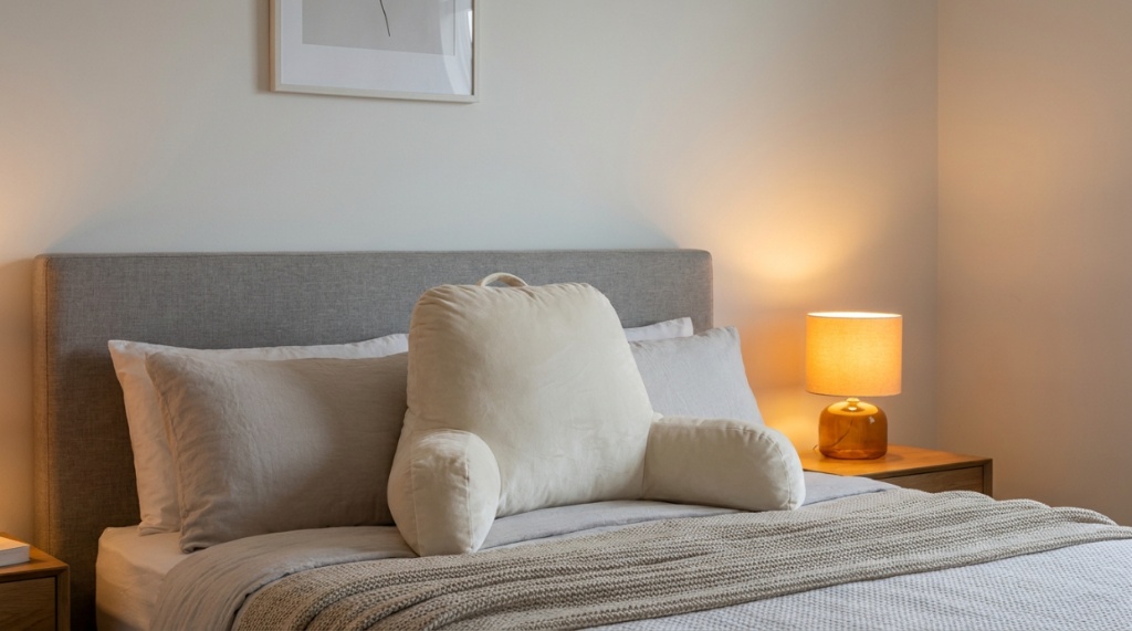 Ergonomic husband reading pillow with armrests propped against a headboard in a cozy bedroom