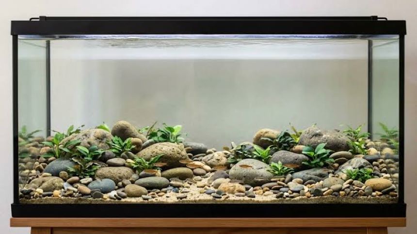 Aquarium aquascape featuring gravel, river rocks, aquatic plants, and tropical fish.