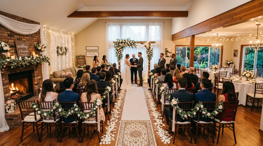 Elegant backyard wedding setup with fairy lights and simple white drapery.