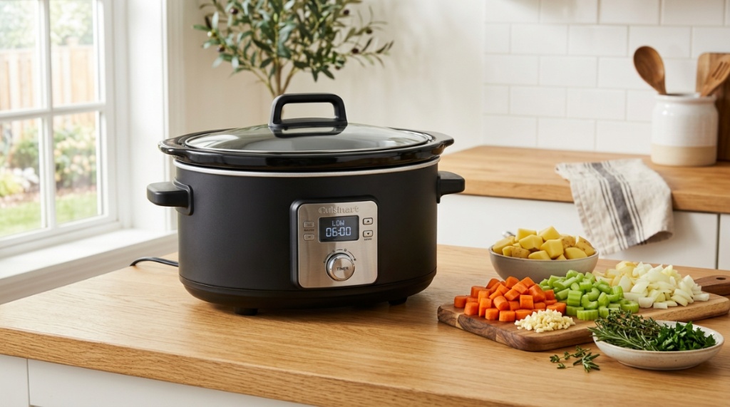 A modern black slow cooker sits on a clean kitchen counter next to fresh chopped vegetables.