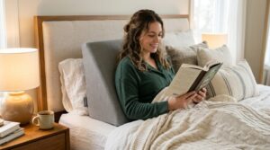 Ergonomic bed support pillow propped against a wooden headboard in a sunny bedroom.