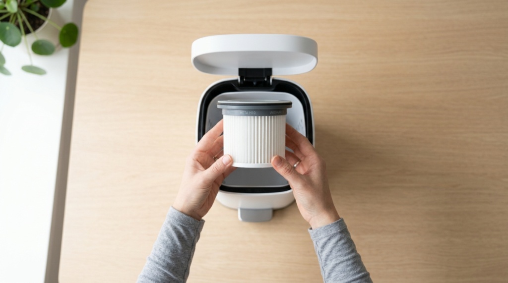 Hands holding a clean washable vacuum filter next to an empty dust cup.