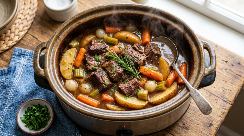 A steaming beef pot roast with tender carrots served inside a ceramic slow cooker liner.
