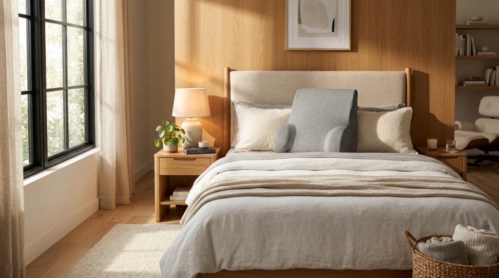 Person reading comfortably in bed supported by a memory foam wedge pillow.