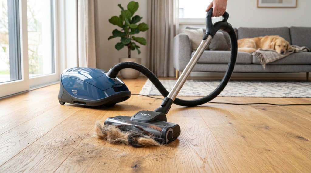 Canister vacuum cleaning pet hair from a hardwood floor.