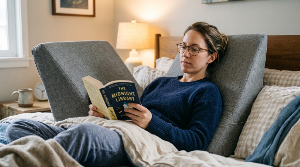 Ergonomic wedge pillow supporting a bed for back pain relief.