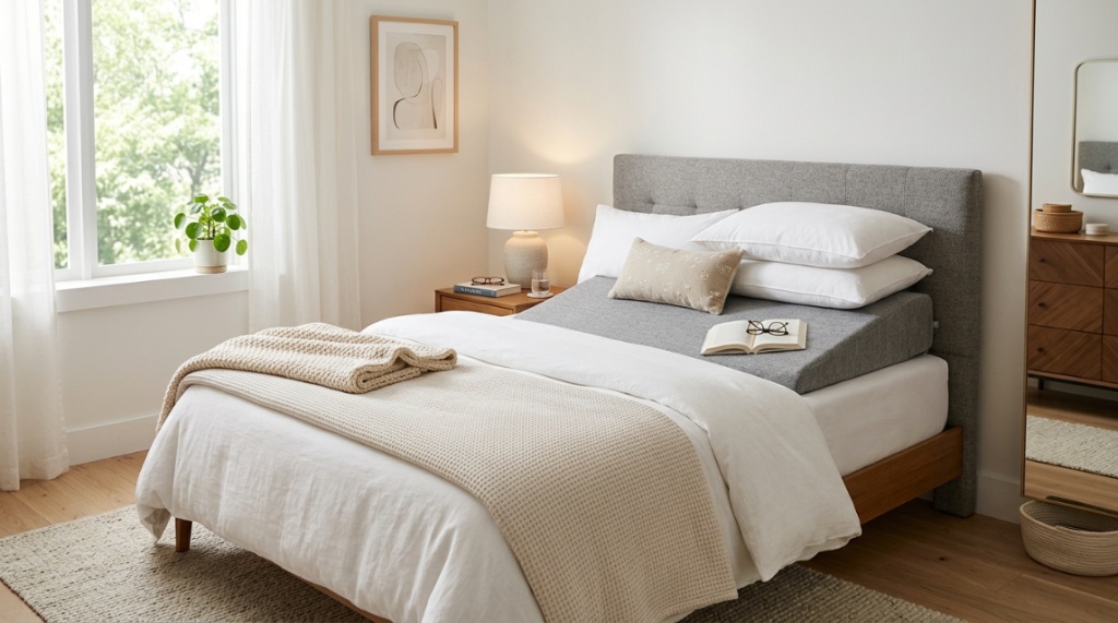 Person relaxing against a supportive wedge pillow on a bed.