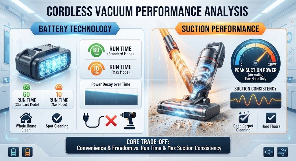 Cordless vacuum battery and suction performance
