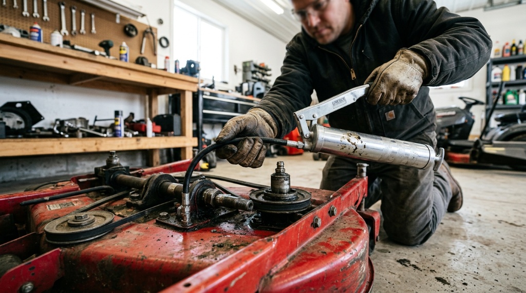 Person lubricating a riding lawn mower deck component using a grease gun.