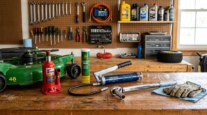 Workbench organized with essential riding mower maintenance tools and equipment.