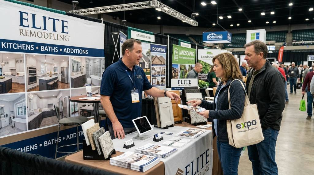 Homeowner talking with a remodeling contractor at an expo booth