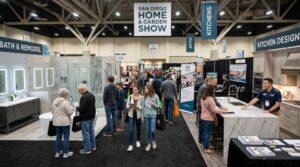 Visitors browsing kitchen and bath exhibits at a San Diego home show