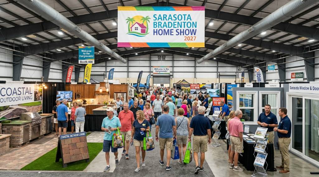 Visitors exploring exhibitor booths at the Sarasota Bradenton Home Show 2027 inside the fairgrounds