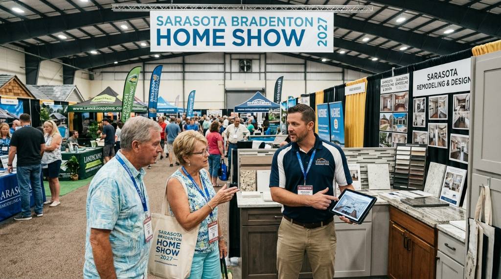 A contractor speaking with a homeowner at the Sarasota Bradenton Home Show 2027 exhibitor floor