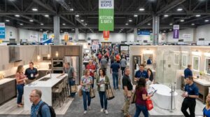 Visitors browsing kitchen and bath displays inside a large convention hall during a home expo