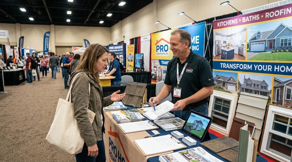 Homeowner talking with a contractor at a home improvement booth
